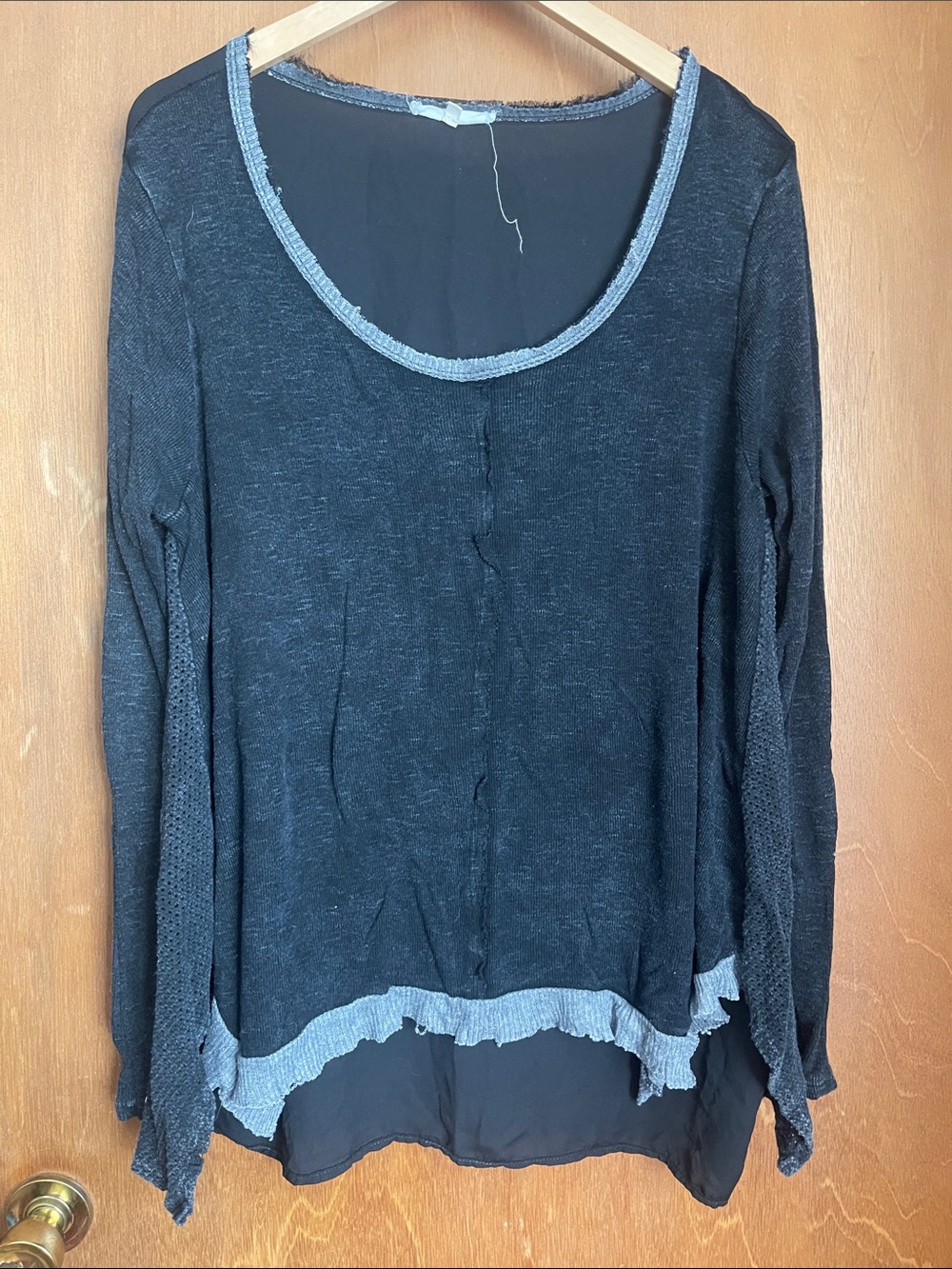 Gilded Intent Black Layered Scoop Neck Long-Sleeve Top with Gray Trim